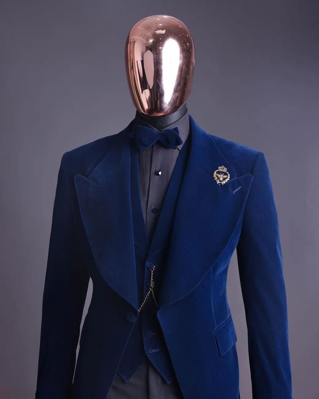 A Midnight Blue, soaked velvet fabric, knitted, wide peak lapel tuxedo suit
