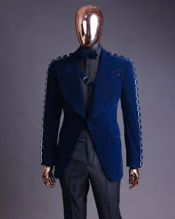 A Midnight Blue, soaked velvet fabric, knitted, wide peak lapel tuxedo suit