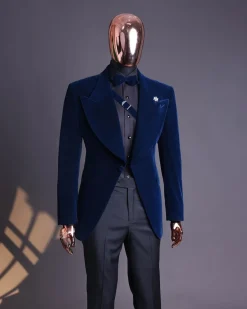 A Midnight Blue, Soaked Velvet Fabric, Knitted, Wide Peak Lapel Tuxedo Suit.