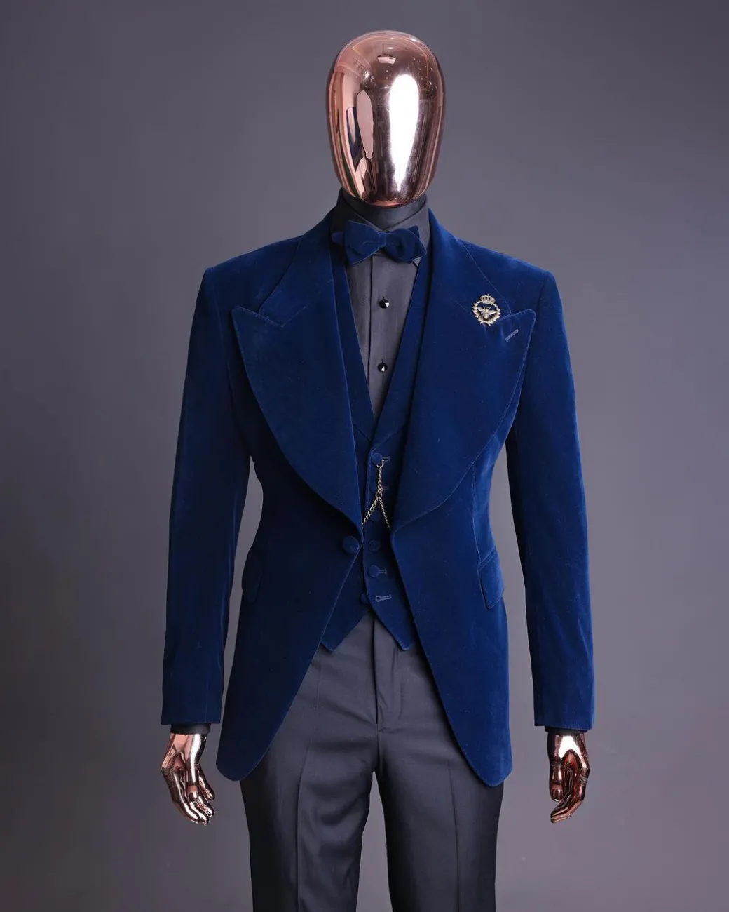 A Midnight Blue, soaked velvet fabric, knitted, wide peak lapel tuxedo suit