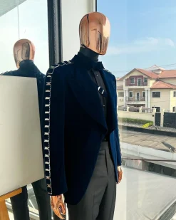 A Midnight Blue, soaked velvet fabric, knitted, wide peak lapel tuxedo suit