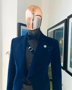 A Midnight Blue, Soaked Velvet Fabric, Knitted, Wide Peak Lapel Tuxedo Suit.