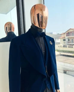 A Midnight Blue, soaked velvet fabric, knitted, wide peak lapel tuxedo suit