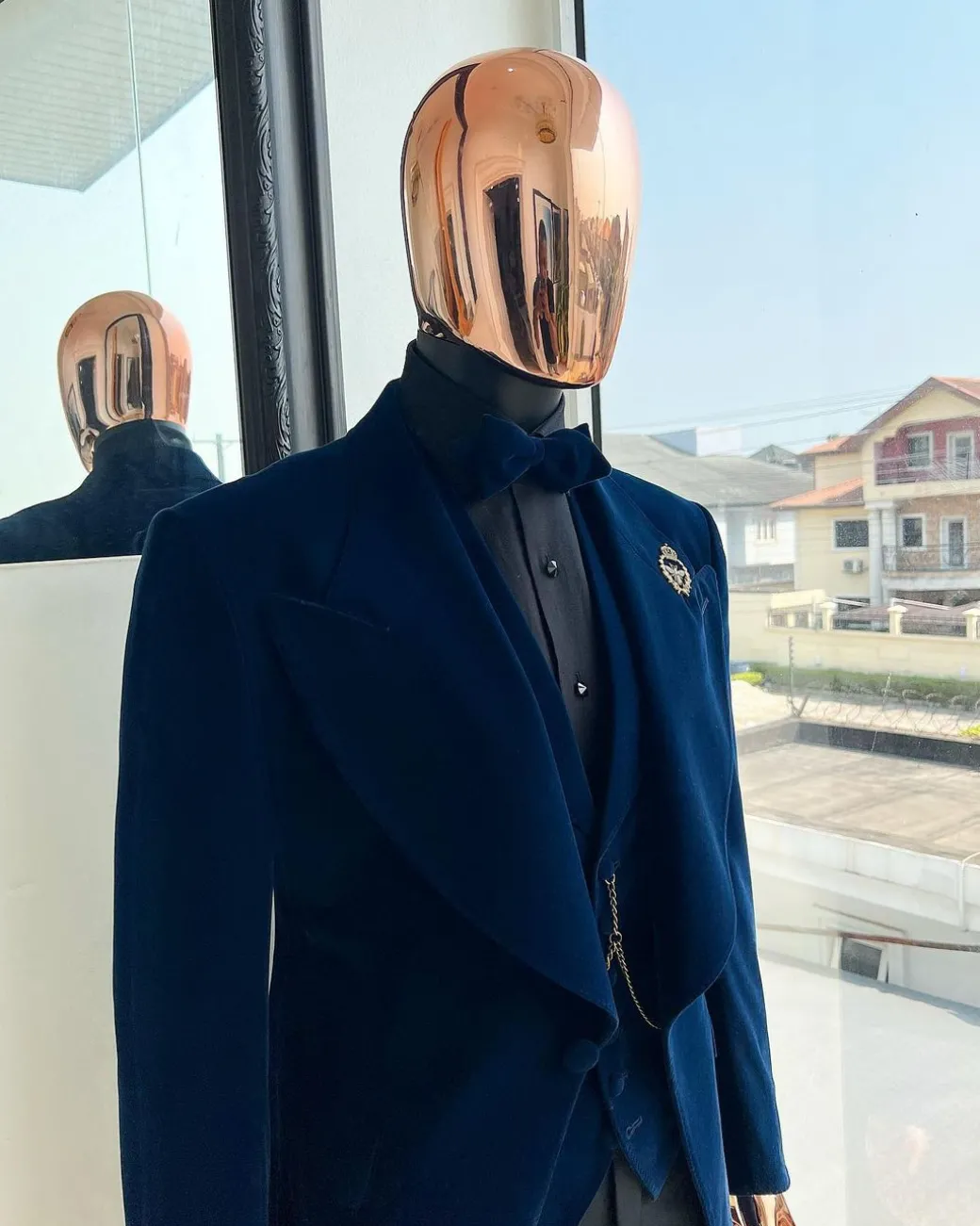 A Midnight Blue, soaked velvet fabric, knitted, wide peak lapel tuxedo suit