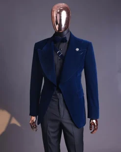 A Midnight Blue, Soaked Velvet Fabric, Knitted, Wide Peak Lapel Tuxedo Suit.