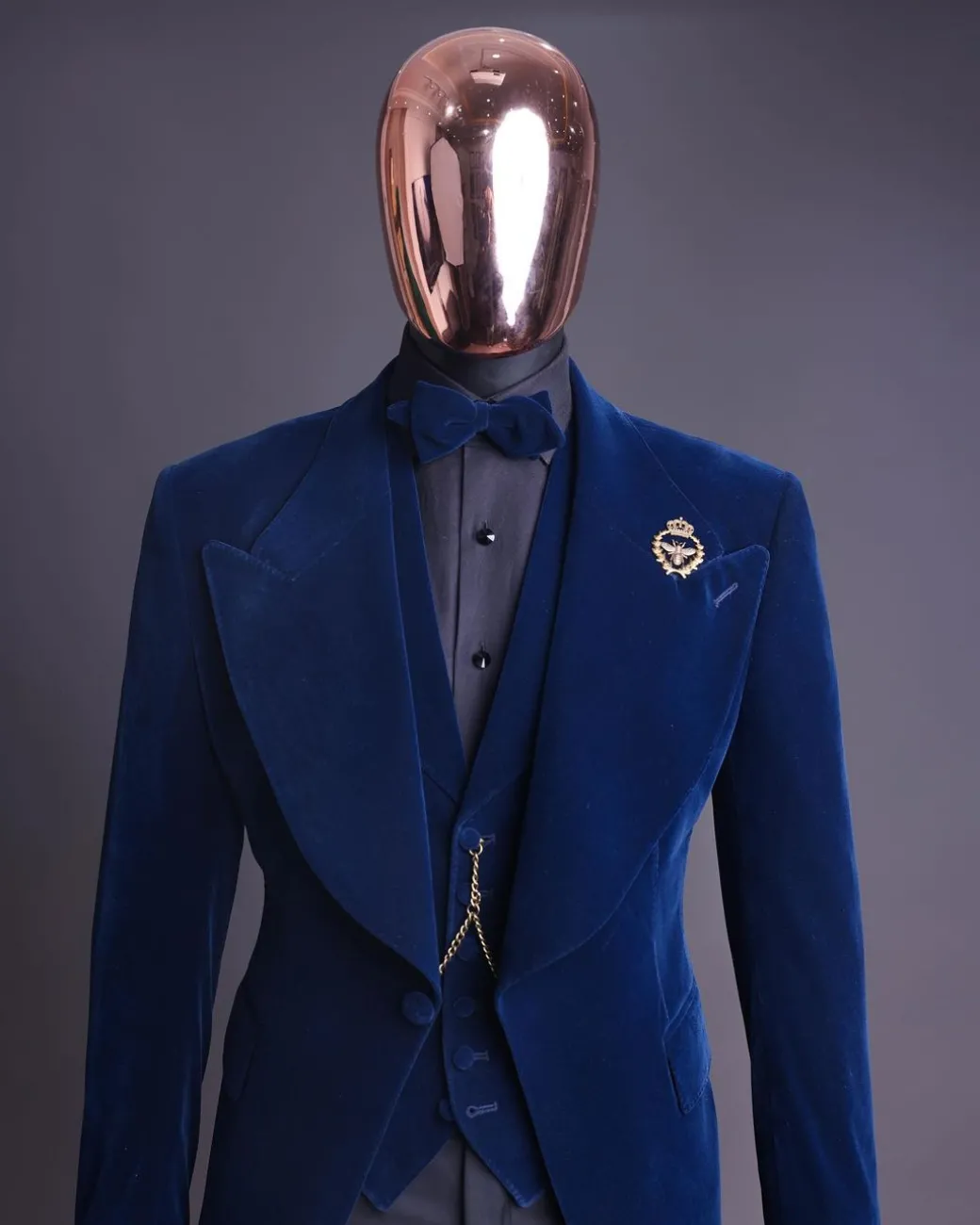 A Midnight Blue, soaked velvet fabric, knitted, wide peak lapel tuxedo suit