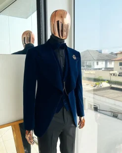 A Midnight Blue, soaked velvet fabric, knitted, wide peak lapel tuxedo suit