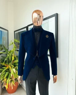 A Midnight Blue, soaked velvet fabric, knitted, wide peak lapel tuxedo suit