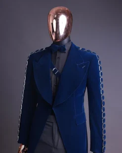 A Midnight Blue, soaked velvet fabric, knitted, wide peak lapel tuxedo suit