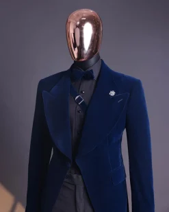 A Midnight Blue, Soaked Velvet Fabric, Knitted, Wide Peak Lapel Tuxedo Suit.