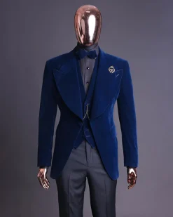 A Midnight Blue, soaked velvet fabric, knitted, wide peak lapel tuxedo suit