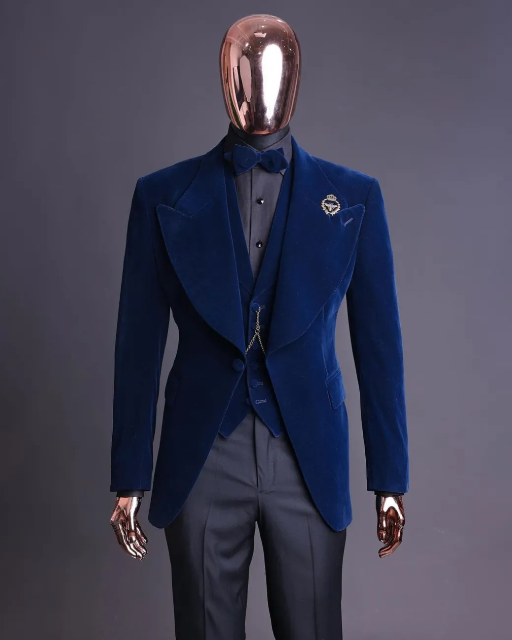 A Midnight Blue, soaked velvet fabric, knitted, wide peak lapel tuxedo suit