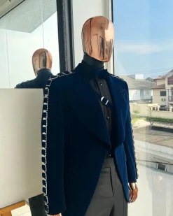 A Midnight Blue, soaked velvet fabric, knitted, wide peak lapel tuxedo suit