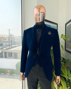 A Midnight Blue, soaked velvet fabric, knitted, wide peak lapel tuxedo suit
