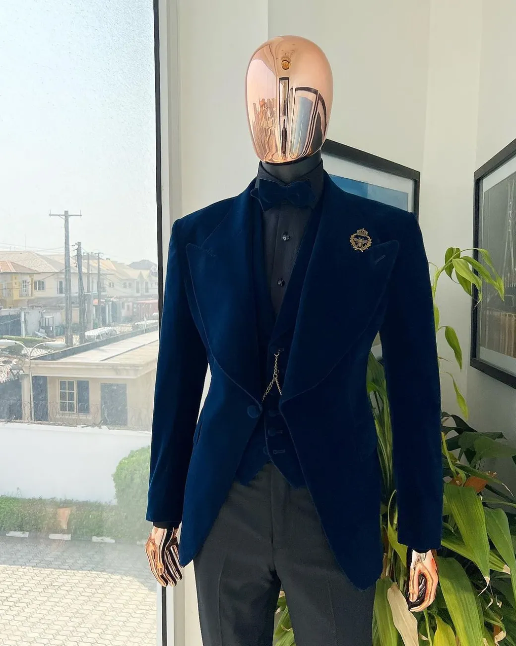 A Midnight Blue, soaked velvet fabric, knitted, wide peak lapel tuxedo suit