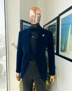 A Midnight Blue, Soaked Velvet Fabric, Knitted, Wide Peak Lapel Tuxedo Suit.