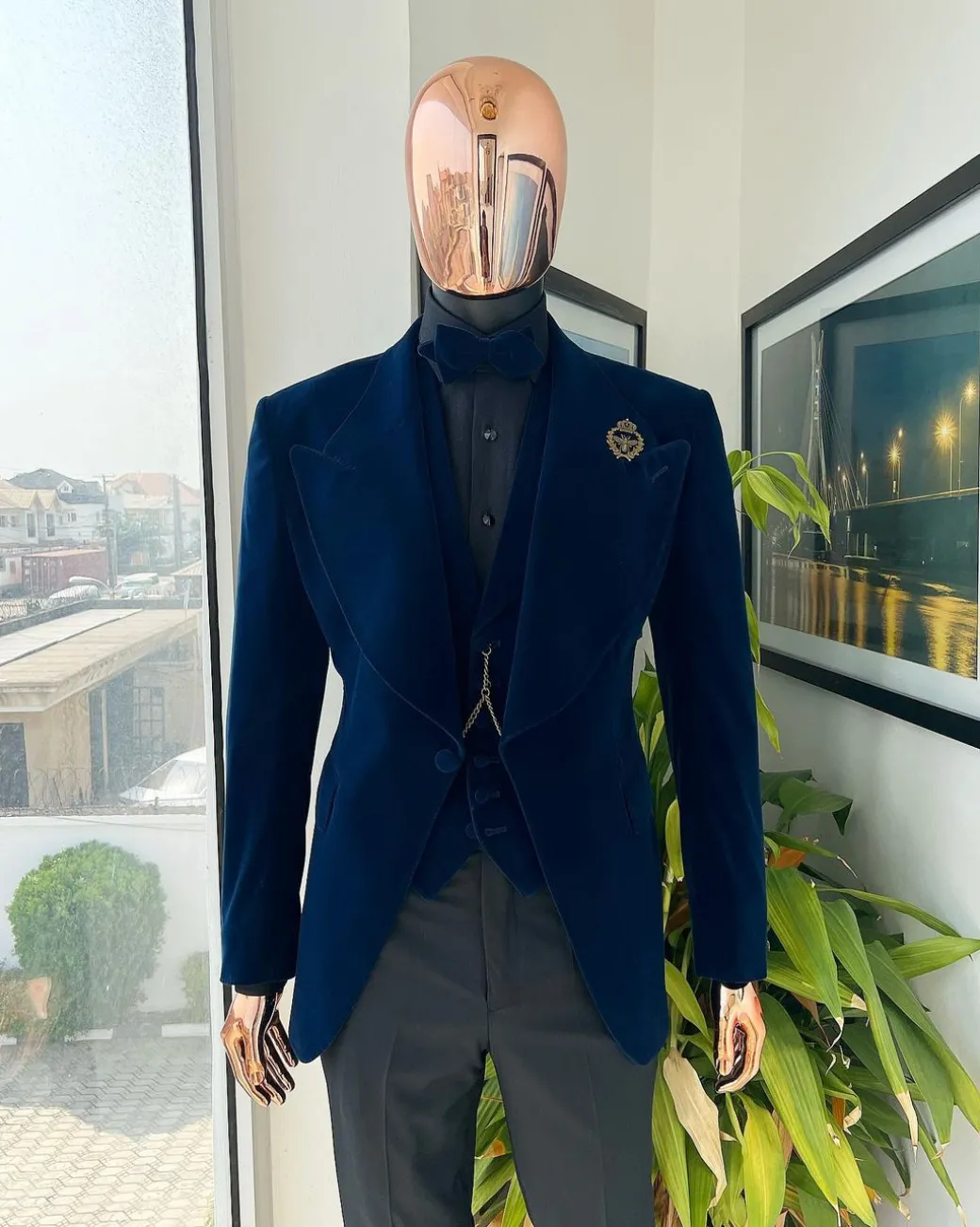 A Midnight Blue, soaked velvet fabric, knitted, wide peak lapel tuxedo suit