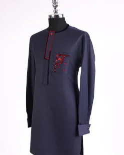 A Midnight Blue, thick midpoint embroidery, tomato red Swarovski stone detailing african traditional senator kaftan native.
