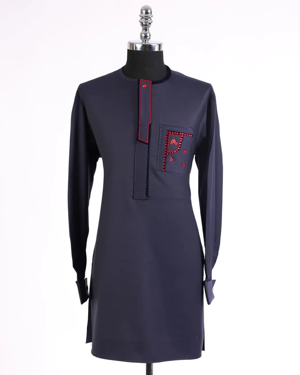 A Midnight Blue, thick midpoint embroidery, tomato red Swarovski stone detailing african traditional senator kaftan native.
