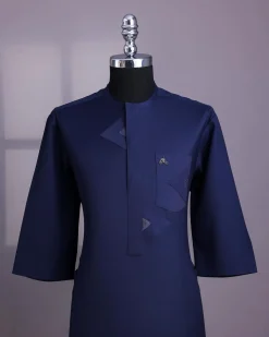 A Midnight blue triangle intersection with paisley detailing, front flap, 3/4 sleeve African senator kaftan native.