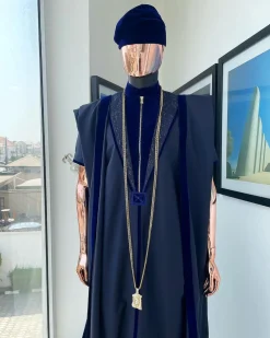 A Midnight blue, vehicular lapelled with zip line flap & navy blue soaked Italian velvet mix embroidery design details agbada