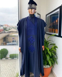A Midnight Blue with a mixed interwoven square design Agbada