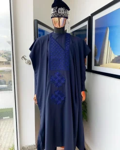 A Midnight Blue with a mixed interwoven square design Agbada