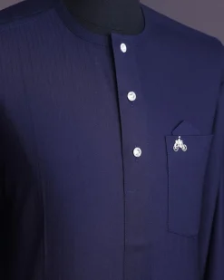 A Midnight blue,invisible stripe, jorgecarli, front flap with silver Swarovski button, long sleeve African senator kaftan native.