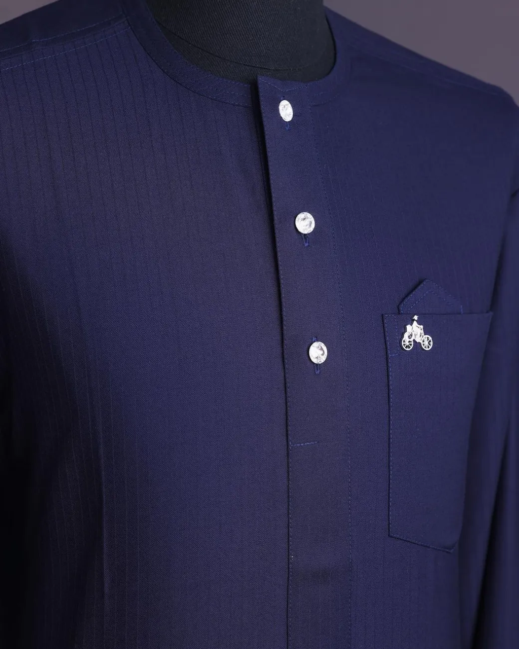 A Midnight blue,invisible stripe, jorgecarli, front flap with silver Swarovski button, long sleeve African senator kaftan native.