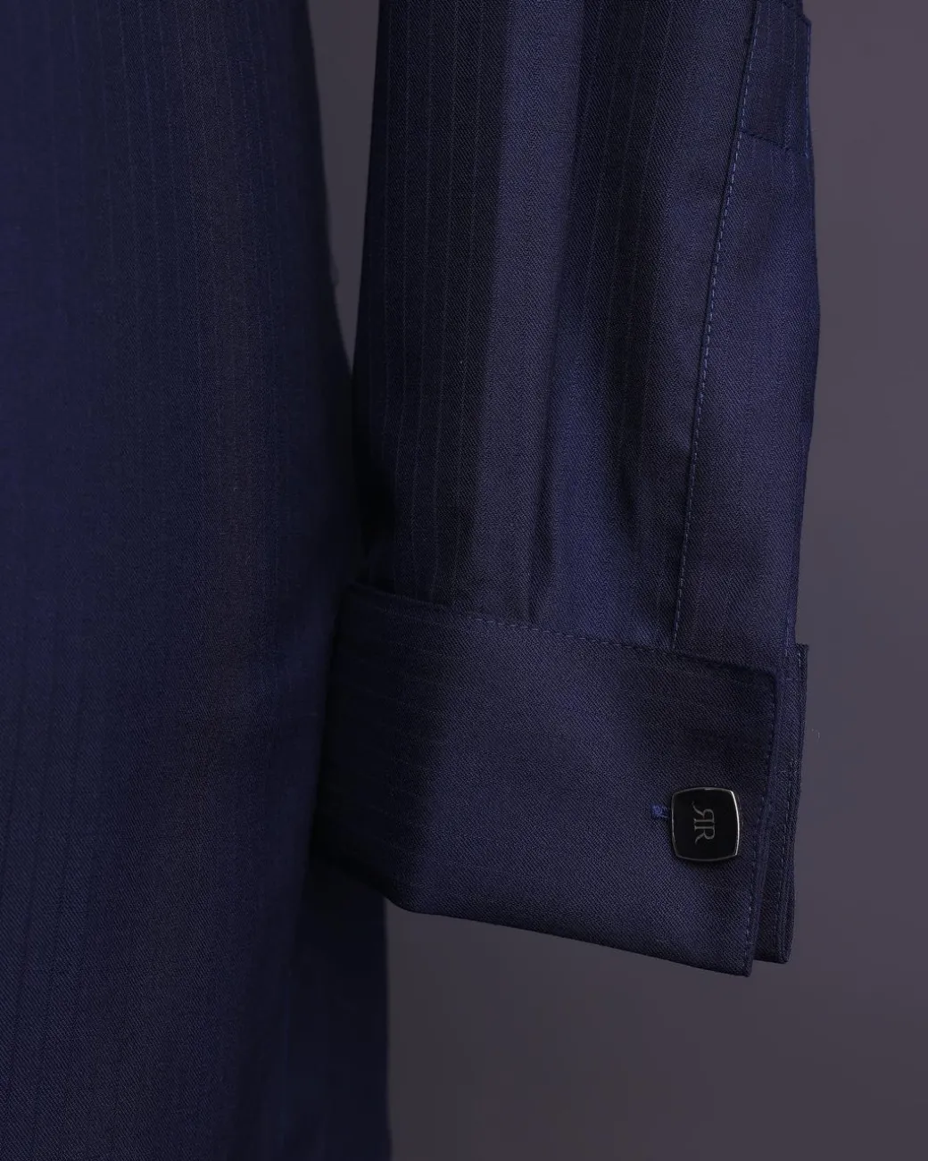 A Midnight blue,invisible stripe, jorgecarli, front flap with silver Swarovski button, long sleeve African senator kaftan native.
