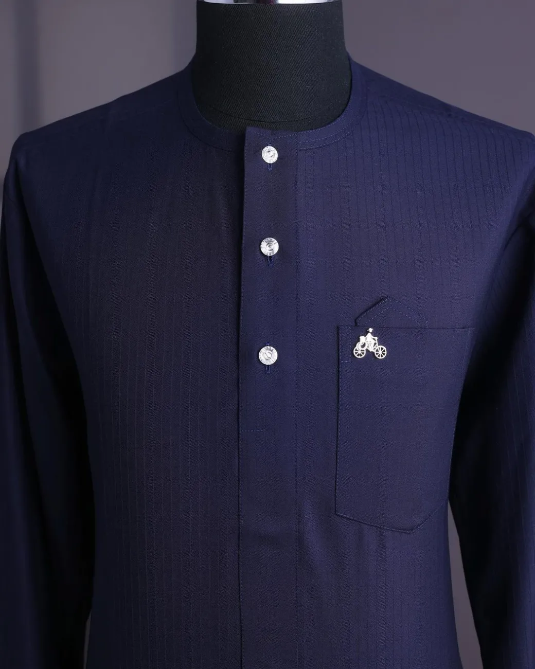 A Midnight blue,invisible stripe, jorgecarli, front flap with silver Swarovski button, long sleeve African senator kaftan native.