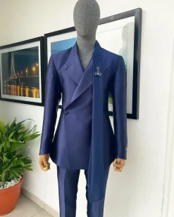 A Mikado Silk “rumble in jungle”, wrap Notch lapel, slant sache blazer suit.