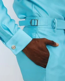 A Mikado Silk, turquoise blue, Gurkha pant with covered belt jab.