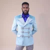 A “Milano” Skye blue, double breasted with matching gold floral detailing, hand knitted buttons