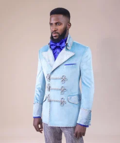 A “Milano” Skye blue, double breasted with matching gold floral detailing, hand knitted buttons