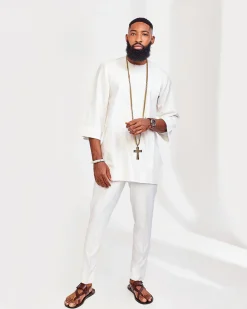 A Milk White embroidery detailing African Agbada