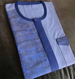 A Mixed Color navy blue Button Flap Kaftan With Blue Paisley Detailing