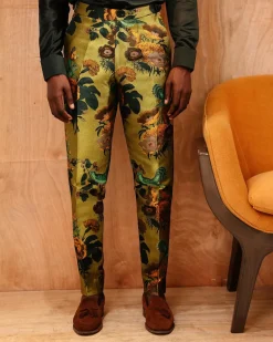 A mixed shade of green with a splash of gold-printed jacquard pants.