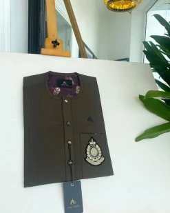 A Mocha Brown, clear view transparent Swarovski buttons, front flap, hand embroidery patch detailing African kaftan native.