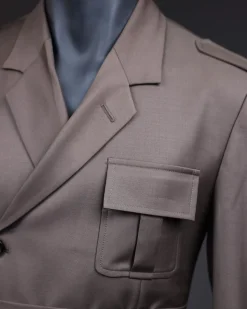 A monochrome “06-06-1944 – D-Day” Coffee brown, notch lapel, 2 button combat wrap suit
