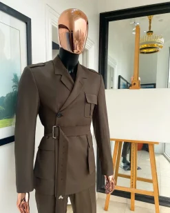 A monochrome “06-06-1944 – D-Day” Coffee brown, notch lapel, 2 button combat wrap suit