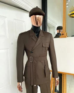A monochrome “06-06-1944 – D-Day” Coffee brown, notch lapel, 2 button combat wrap suit