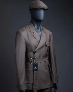 A monochrome “06-06-1944 – D-Day” Coffee brown, notch lapel, 2 button combat wrap suit