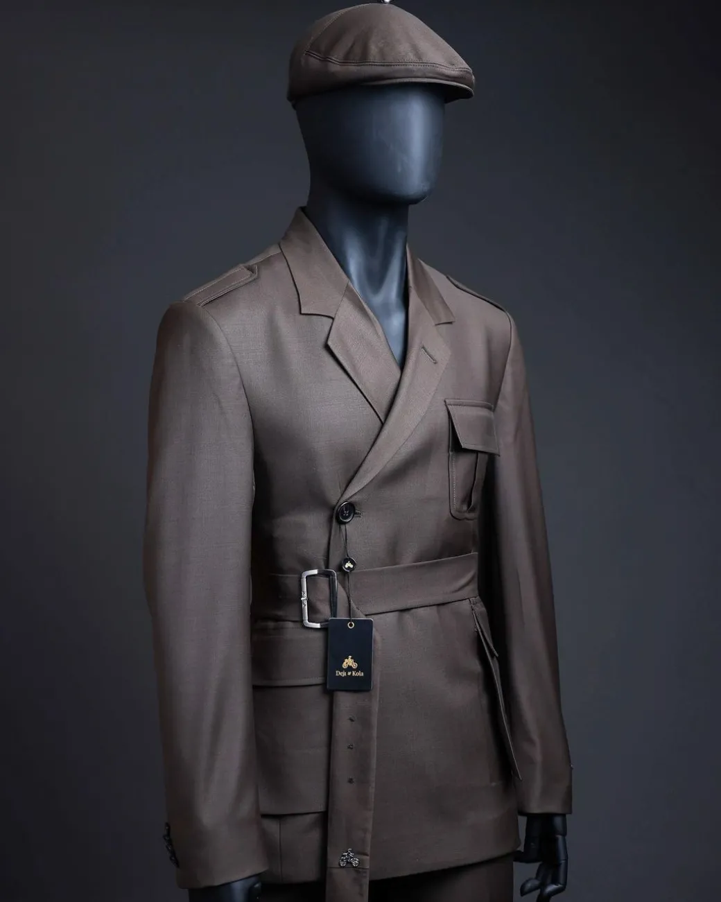 A monochrome “06-06-1944 – D-Day” Coffee brown, notch lapel, 2 button combat wrap suit