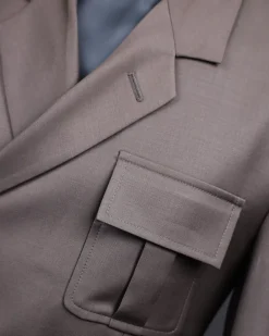 A monochrome “06-06-1944 – D-Day” Coffee brown, notch lapel, 2 button combat wrap suit