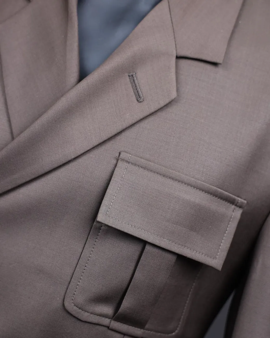 A monochrome “06-06-1944 – D-Day” Coffee brown, notch lapel, 2 button combat wrap suit