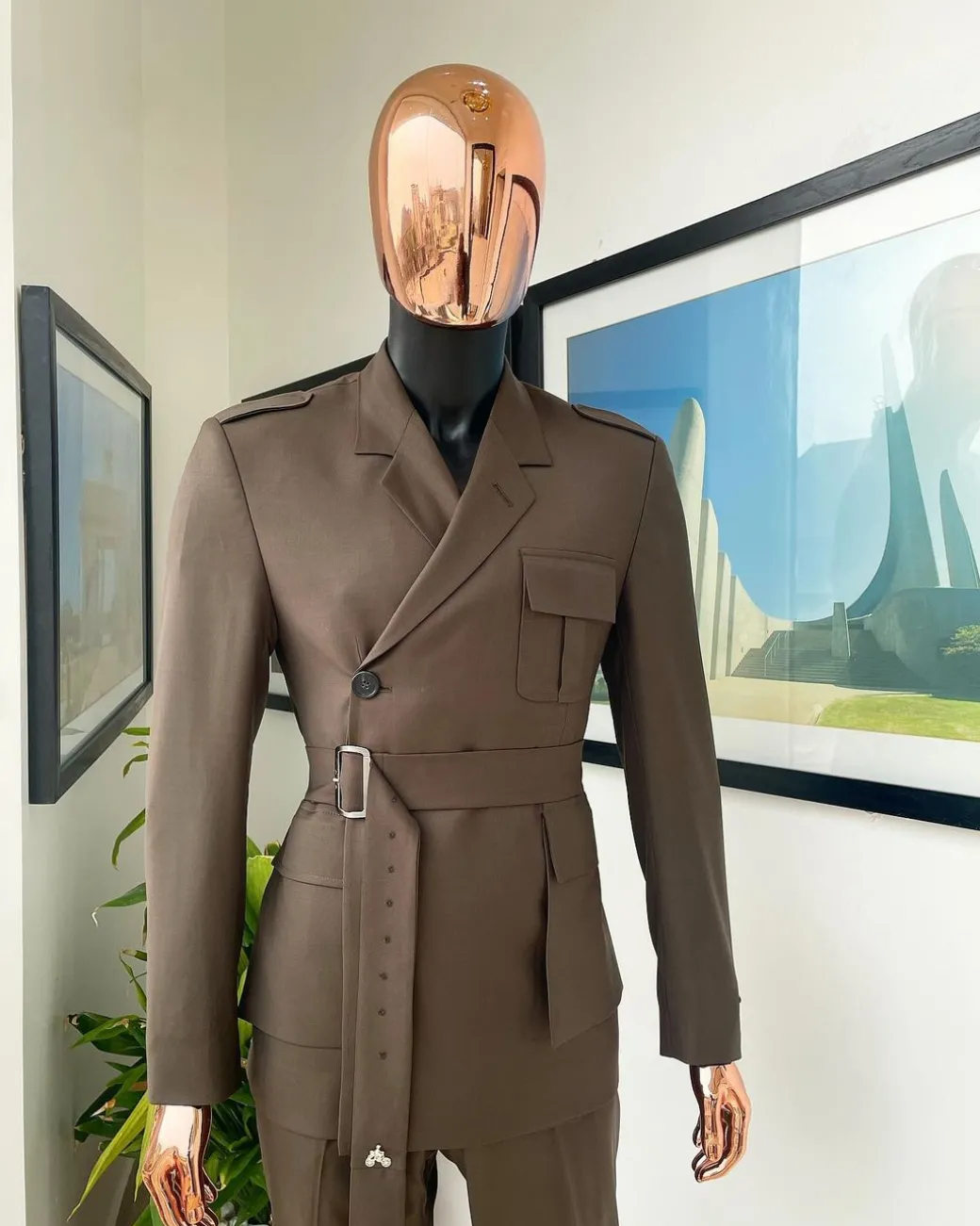 A monochrome “06-06-1944 – D-Day” Coffee brown, notch lapel, 2 button combat wrap suit