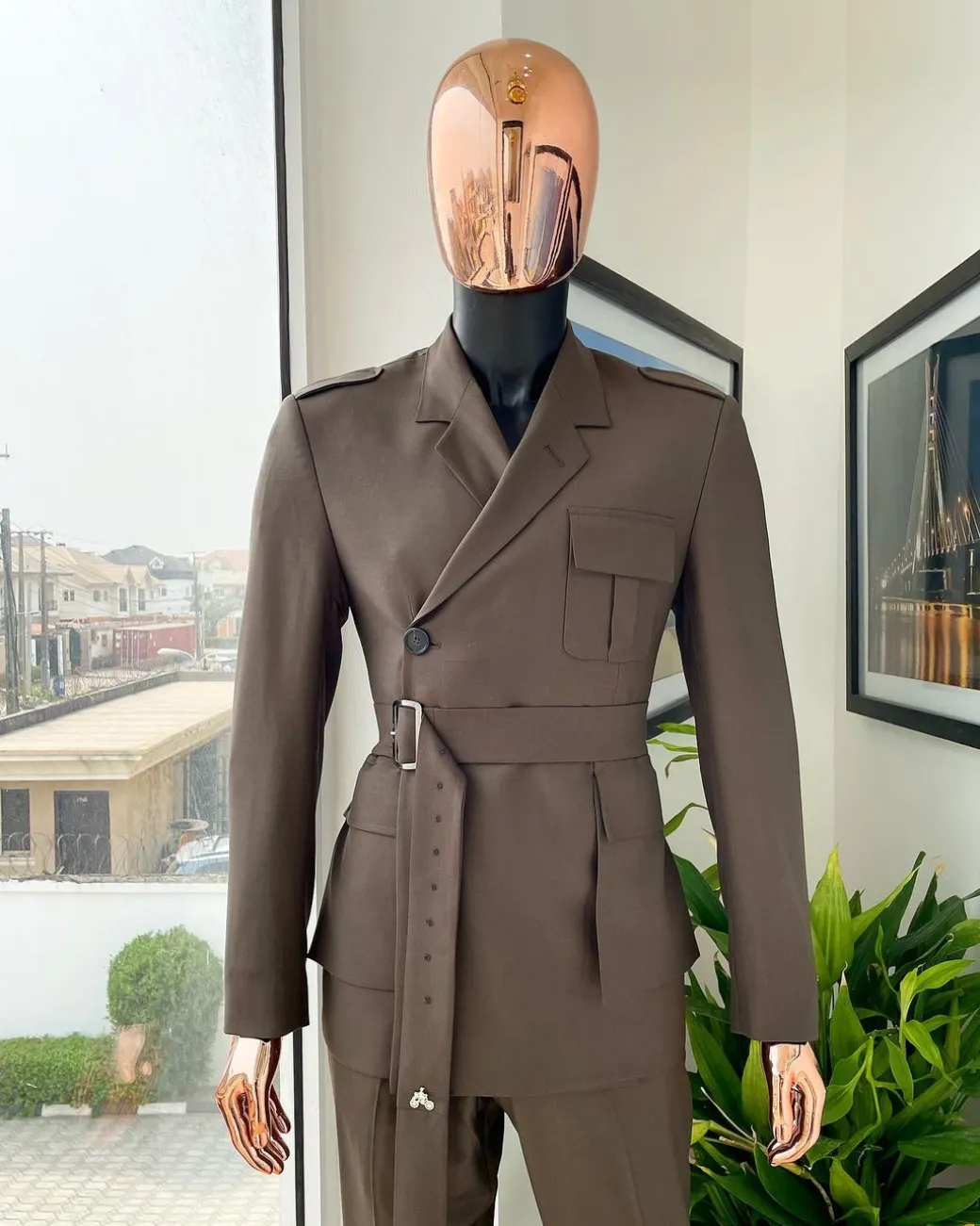 A monochrome “06-06-1944 – D-Day” Coffee brown, notch lapel, 2 button combat wrap suit