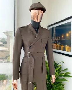 A monochrome “06-06-1944 – D-Day” Coffee brown, notch lapel, 2 button combat wrap suit