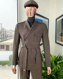 A monochrome “06-06-1944 – D-Day” Coffee brown, notch lapel, 2 button combat wrap suit